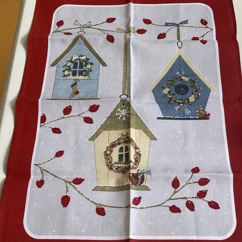 Ulster Weavers 100% Linen Festive Birdhouse tea towel ‘by appt to HM the Queen ‘